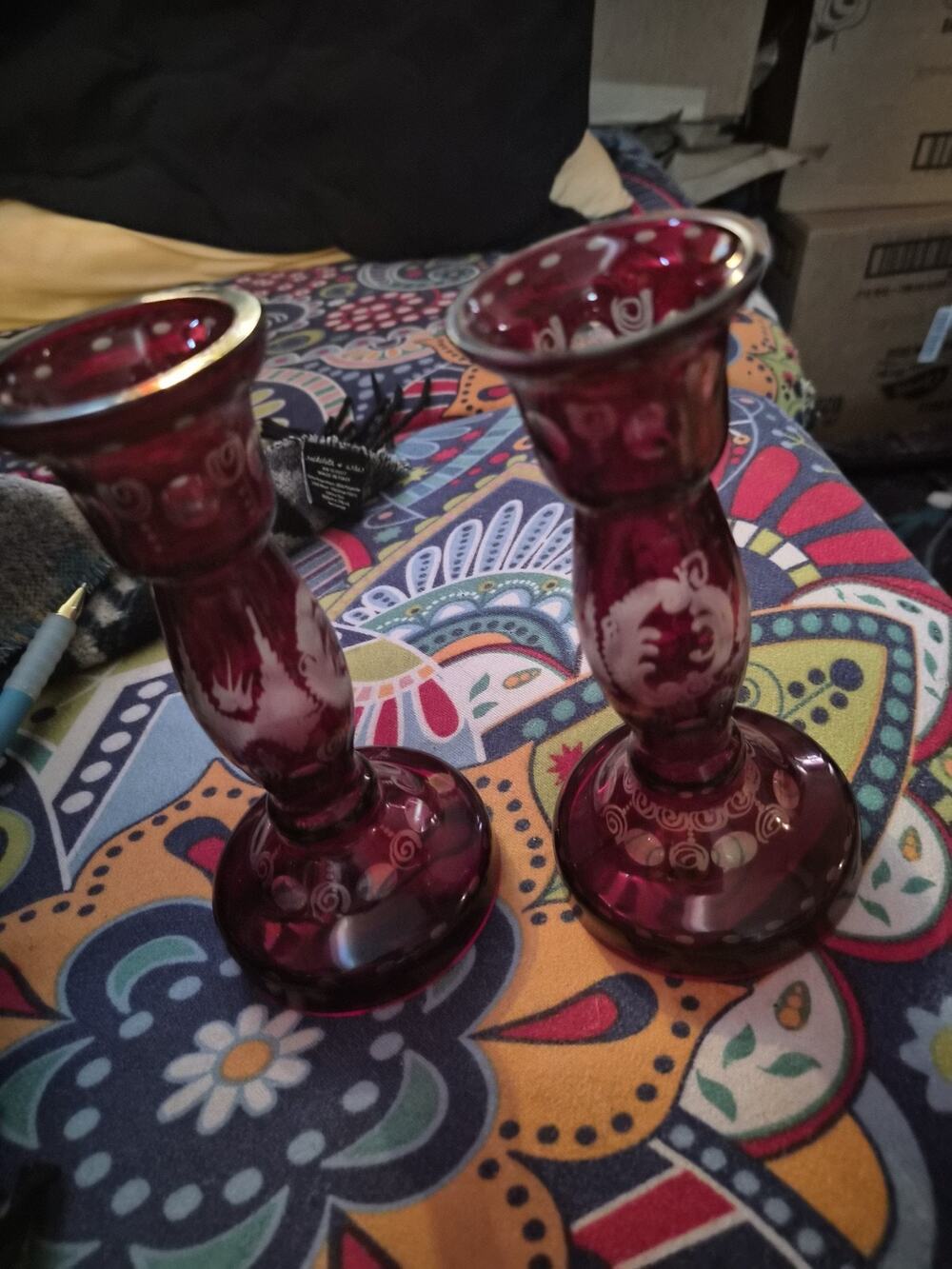 Vintage Bohemian Ruby Red Candleholders With Etched Designs Of Castle And Birds